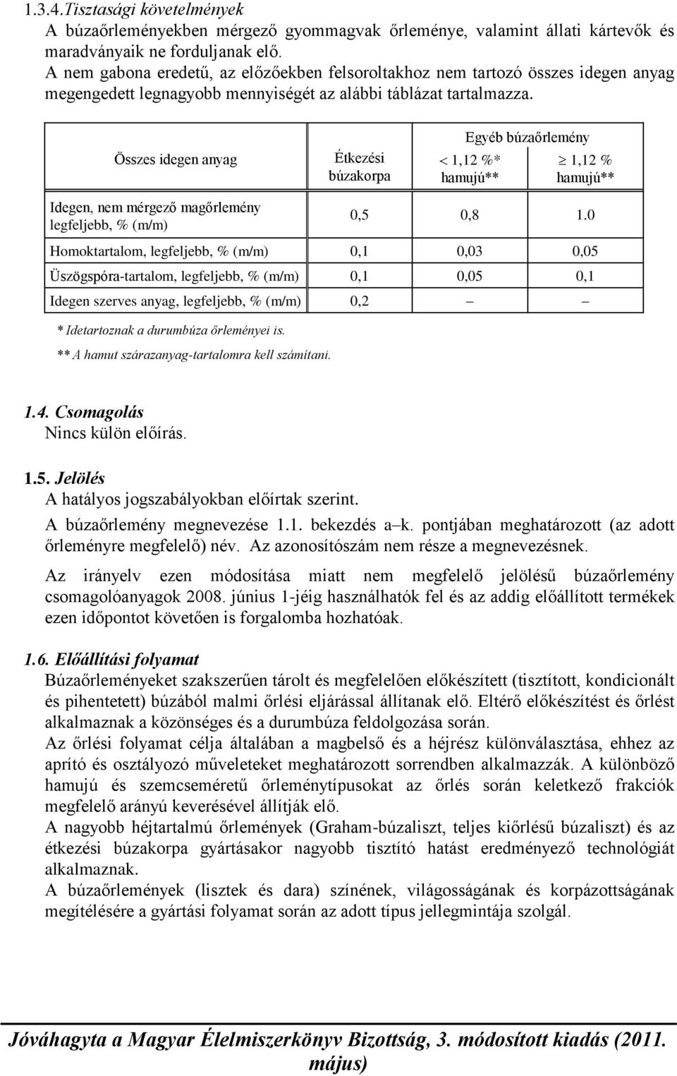 Összes idegen anyag Étkezési búzakorpa Egyéb búzaőrlemény 1,12 %* hamujú** 1,12 % hamujú** Idegen, nem mérgező magőrlemény, % (m/m) 0,5 0,8 1.