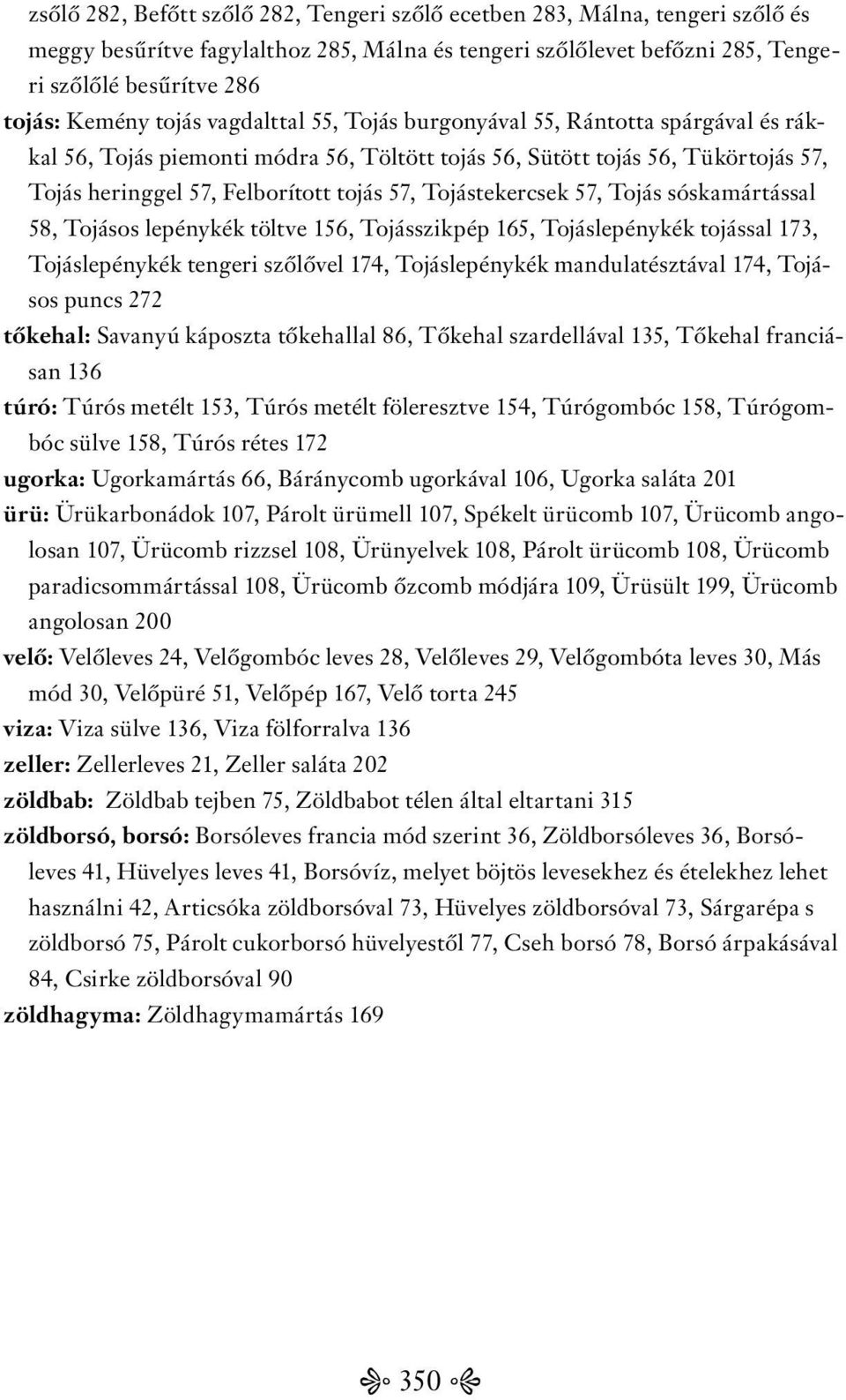 Tojástekercsek 57, Tojás sóskamártással 58, Tojásos lepénykék töltve 156, Tojásszikpép 165, Tojáslepénykék tojással 173, Tojáslepénykék tengeri szőlővel 174, Tojáslepénykék mandulatésztával 174,