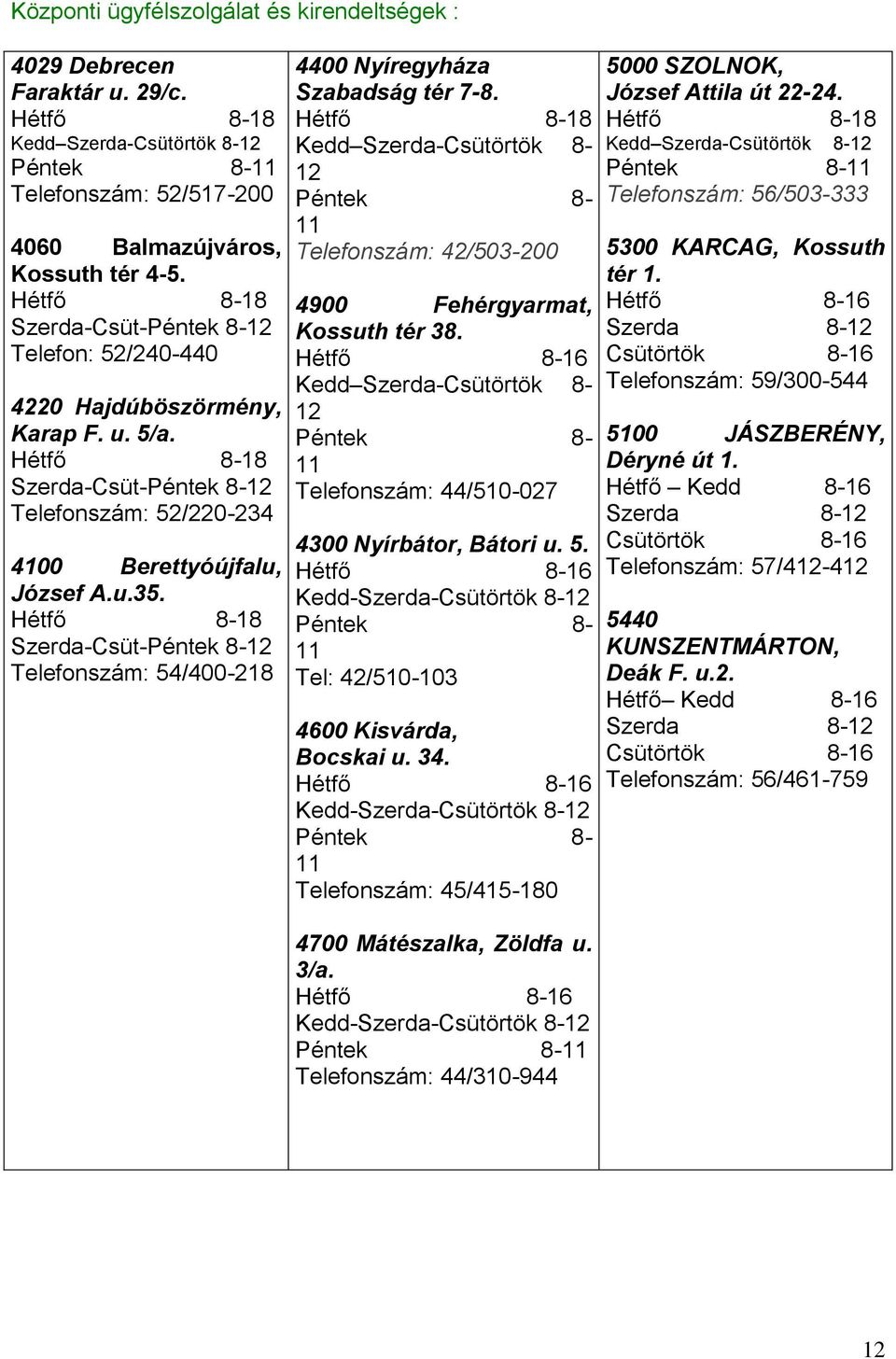 Hétfő 8-18 Szerda-Csüt-Péntek 8-12 Telefonszám: 54/400-218 4400 Nyíregyháza Szabadság tér 7-8.