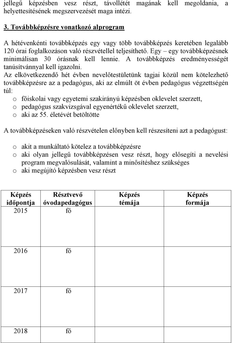 Egy egy továbbképzésnek minimálisan 30 órásnak kell lennie. A továbbképzés eredményességét tanúsítvánnyal kell igazolni.