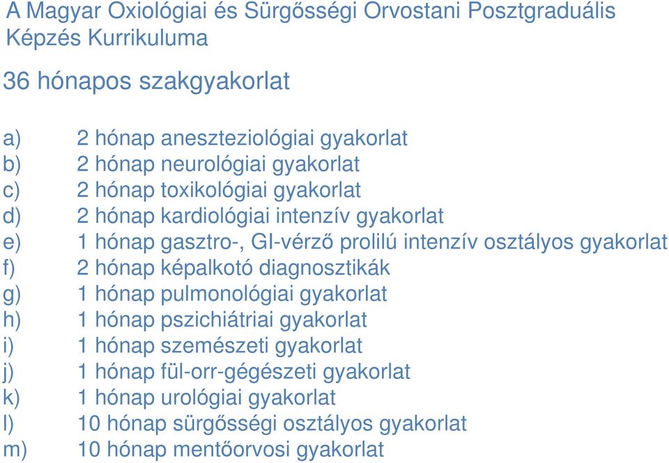 intenzív osztályos gyakorlat f) 2 hónap képalkotó diagnosztikák g) 1 hónap pulmonológiai gyakorlat h) 1 hónap pszichiátriai gyakorlat i) 1 hónap