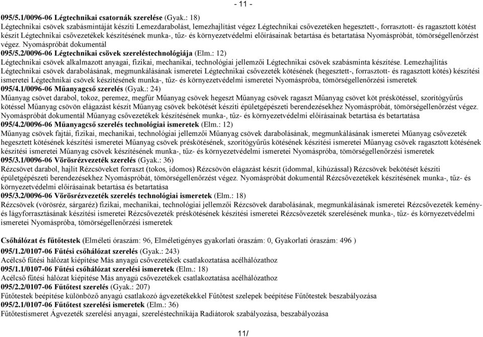 készítésének munka-, tűz- és környezetvédelmi előírásainak betartása és betartatása Nyomáspróbát, tömörségellenőrzést végez. Nyomáspróbát dokumentál 095/5.