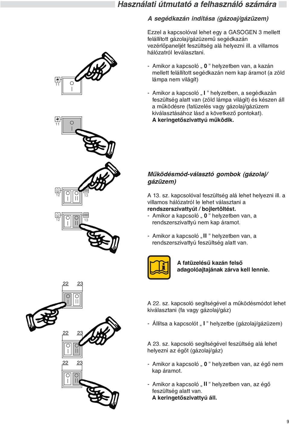 11 11 - Amikor a kapcsoló 0 helyzetben van, a kazán mellett felállított segédkazán nem kap áramot (a zöld lámpa nem világít) - Amikor a kapcsoló helyzetben, a segédkazán feszültség alatt van (zöld