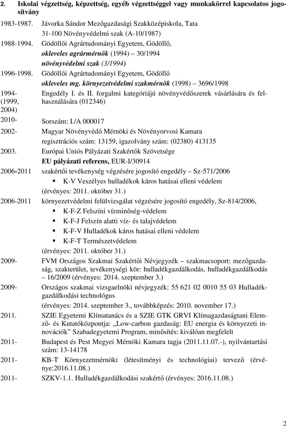 környezetvédelmi szakmérnök (1998) 3696/1998 2. Iskolai végzettség, képzettség, egyéb végzettséggel vagy munkakörrel kapcsolatos jogosítvány 1994- (1999, 2004) 2010- Engedély I. és II.