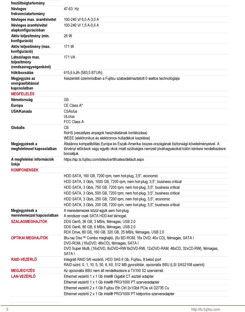 171 VA teljesítmény (rendszeregységenként) Hőkibocsátás 615,6 kj/h (583,5 BTU/h) Megjegyzés az Készenléti üzemmódban a Fujitsu szabadalmaztatott 0 wattos technológiája energiaellátással MEGFELELÉS