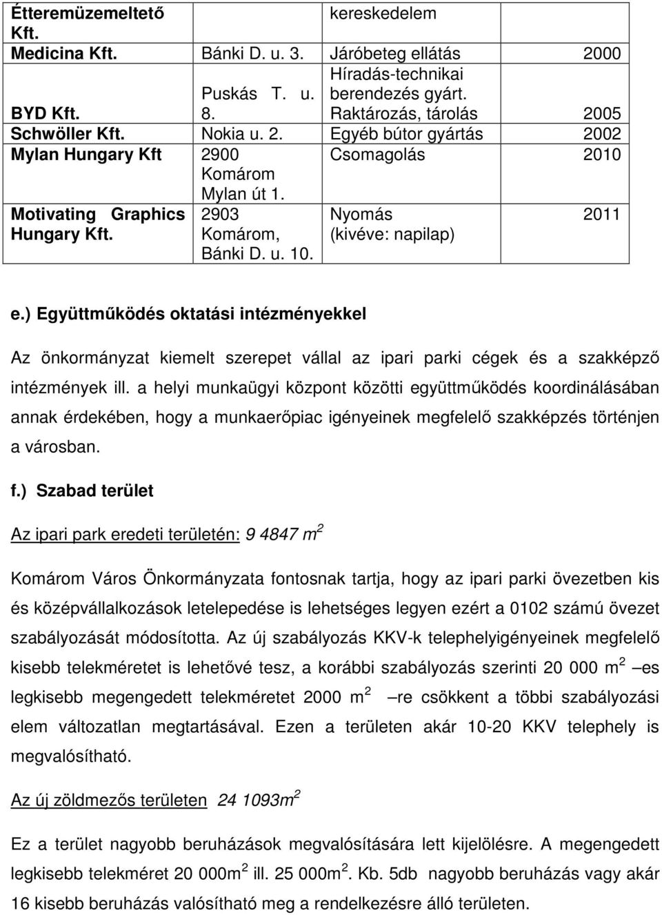 ) Együttműködés oktatási intézményekkel Az önkormányzat kiemelt szerepet vállal az ipari parki cégek és a szakképző intézmények ill.