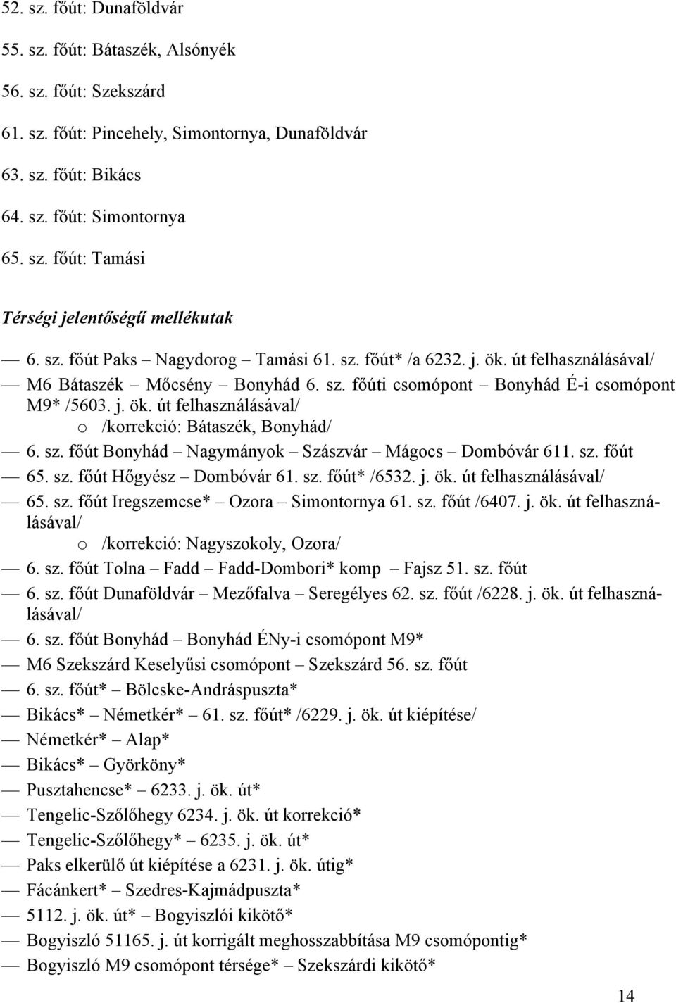 sz. főút Bonyhád Nagymányok zászvár Mágocs Dombóvár 611. sz. főút 65. sz. főút Hőgyész Dombóvár 61. sz. főút* /6532. j. ök. út felhasználásával/ 65. sz. főút Iregszemcse* Ozora imontornya 61. sz. főút /6407.