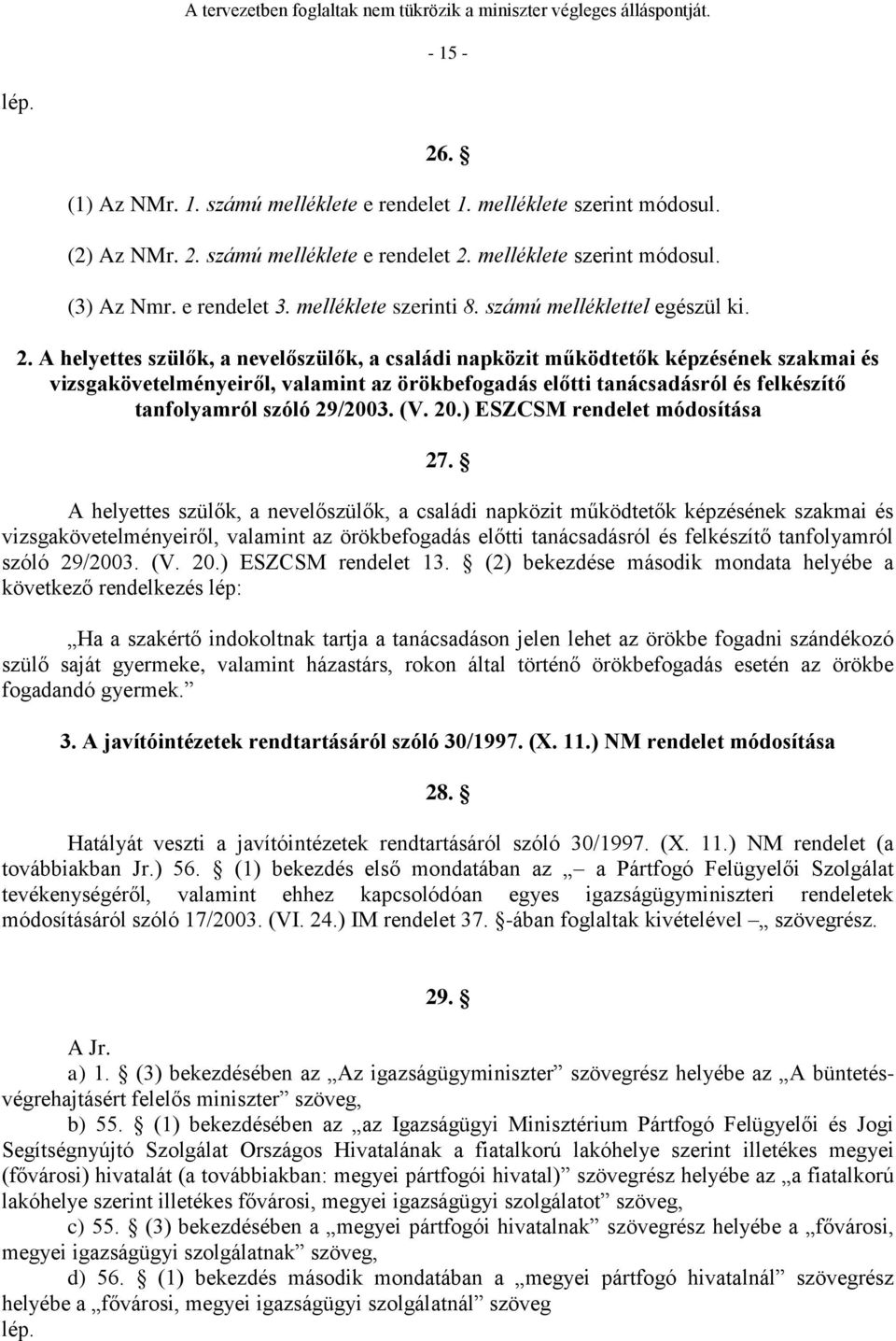 A helyettes szülők, a nevelőszülők, a családi napközit működtetők képzésének szakmai és vizsgakövetelményeiről, valamint az örökbefogadás előtti tanácsadásról és felkészítő tanfolyamról szóló 29/2003.