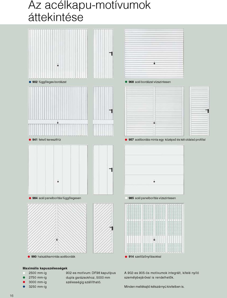 szellőzőnyílásokkal Maximális kapuszélességek 2500 mm-ig 2750 mm-ig 3000 mm-ig 3250 mm-ig 902-es motívum: DF98 kaputípus dupla garázsokhoz,