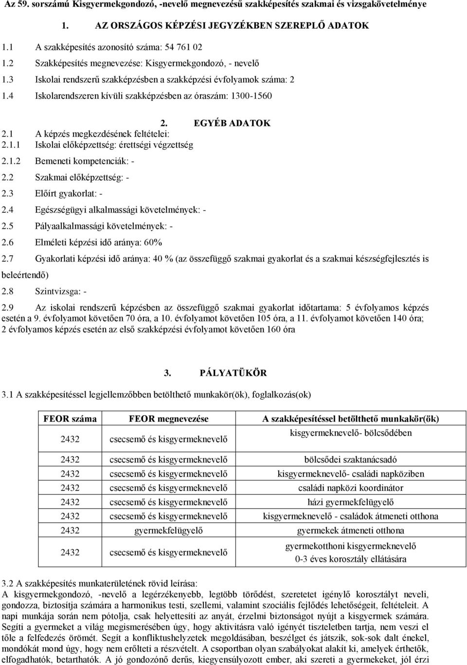 EGYÉB ADATOK 2.1 A képzés megkezdésének feltételei: 2.1.1 Iskolai előképzettség: érettségi végzettség 2.1.2 Bemeneti kompetenciák: - 2.2 Szakmai előképzettség: - 2.3 Előírt gyakorlat: - 2.