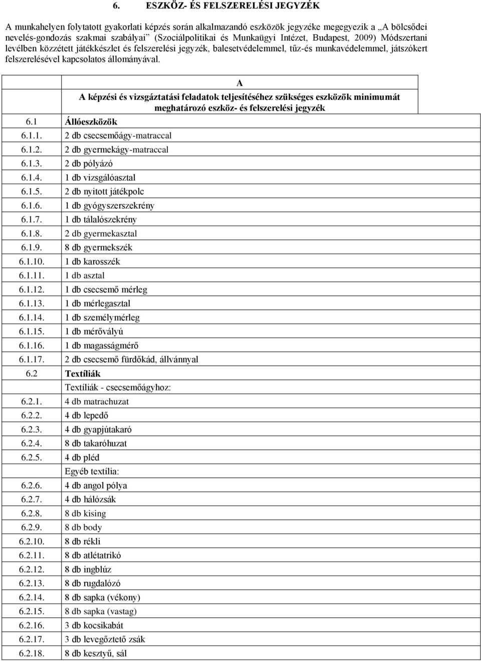 6.1 Állóeszközök A A képzési és vizsgáztatási feladatok teljesítéséhez szükséges eszközök minimumát meghatározó eszköz- és felszerelési jegyzék 6.1.1. 2 db csecsemőágy-matraccal 6.1.2. 2 db gyermekágy-matraccal 6.