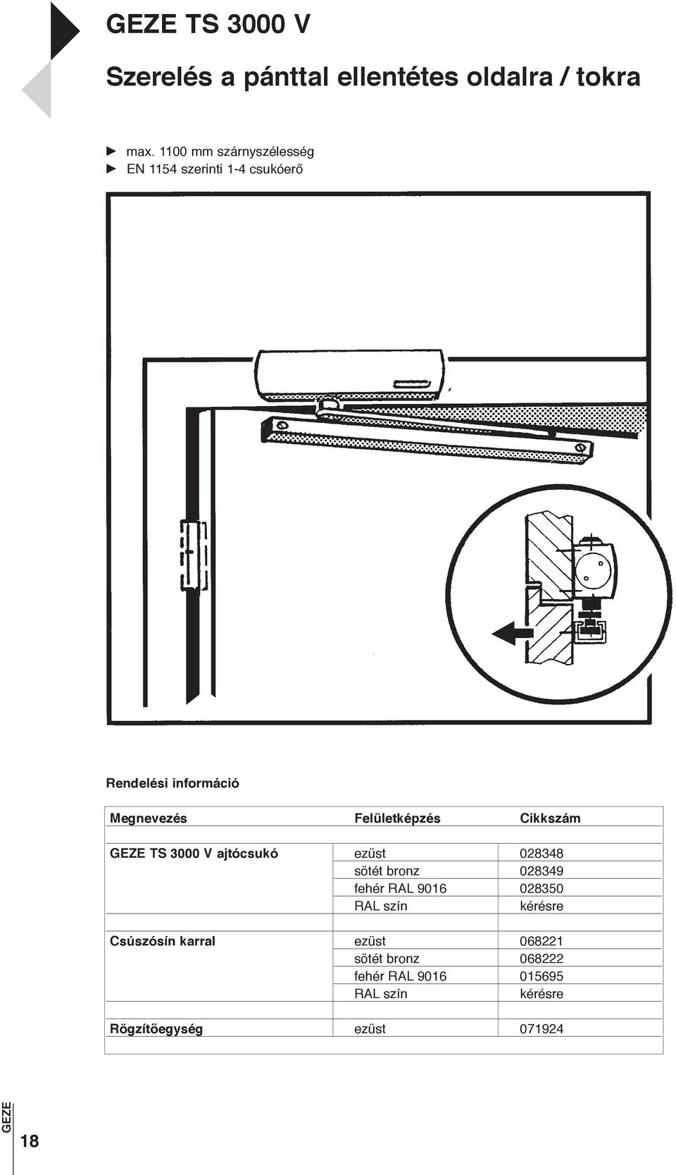 ajtócsukó ezüst 028348 sötét bronz 028349 fehér RAL 9016 028350