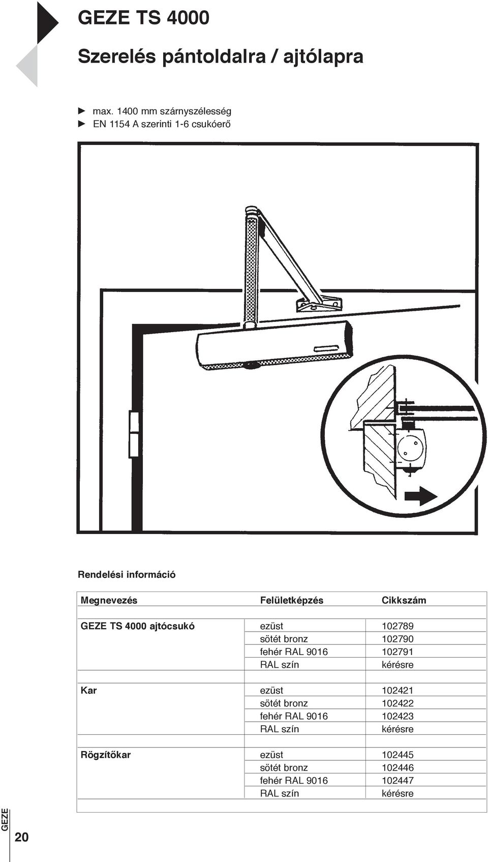 ezüst 102789 sötét bronz 102790 fehér RAL 9016 102791 Kar ezüst 102421