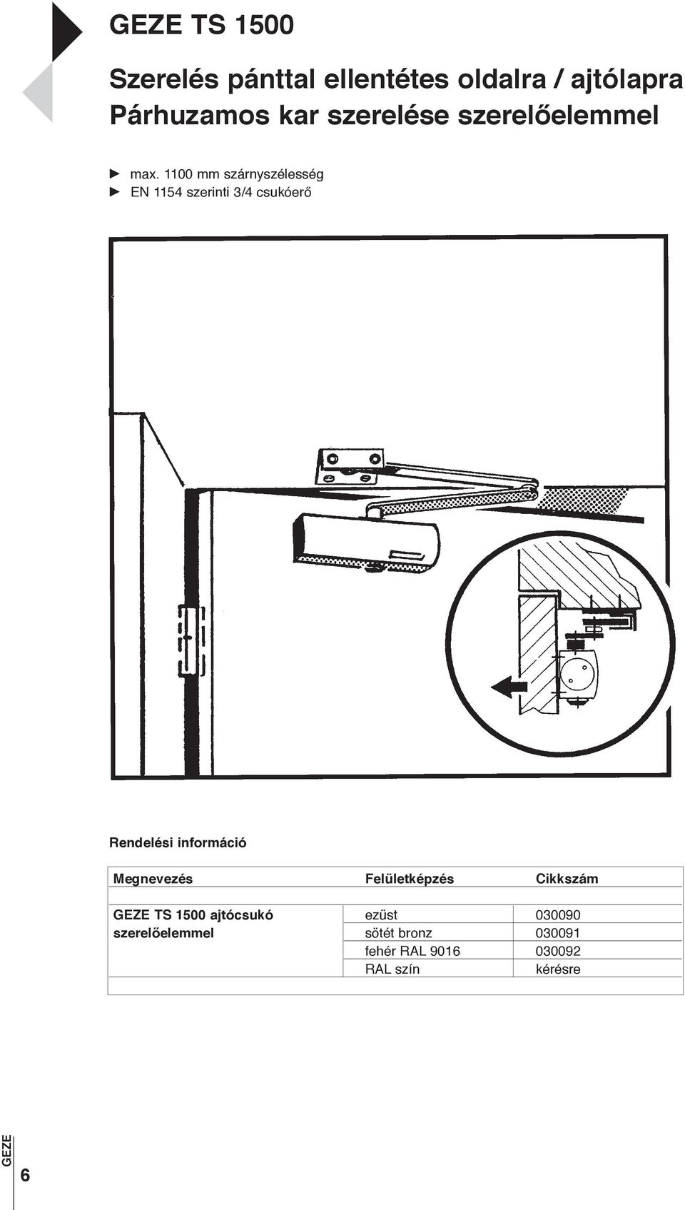 1100 mm szárnyszélesség EN 1154 szerinti 3/4 csukóerő TS