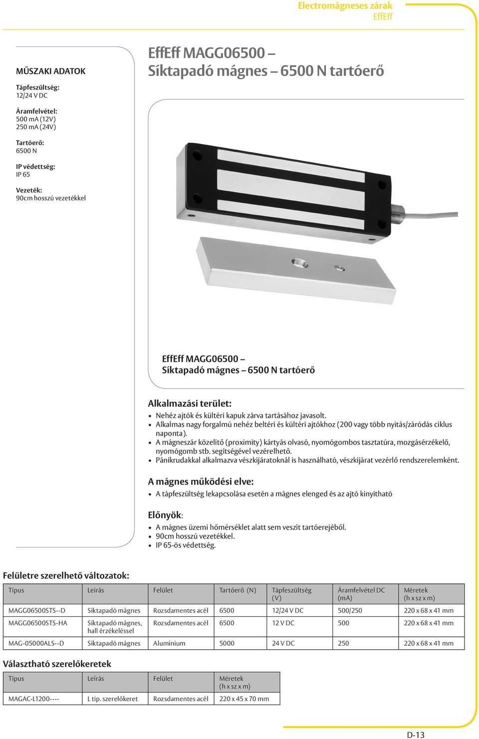 A tápfeszültség lekapcsolása esetén a mágnes elenged és az ajtó kinyitható Előnyök: A mágnes üzemi hőmérséklet alatt sem veszít tartóerejéből. 90cm hosszú vezetékkel. IP 65-ös védettség.