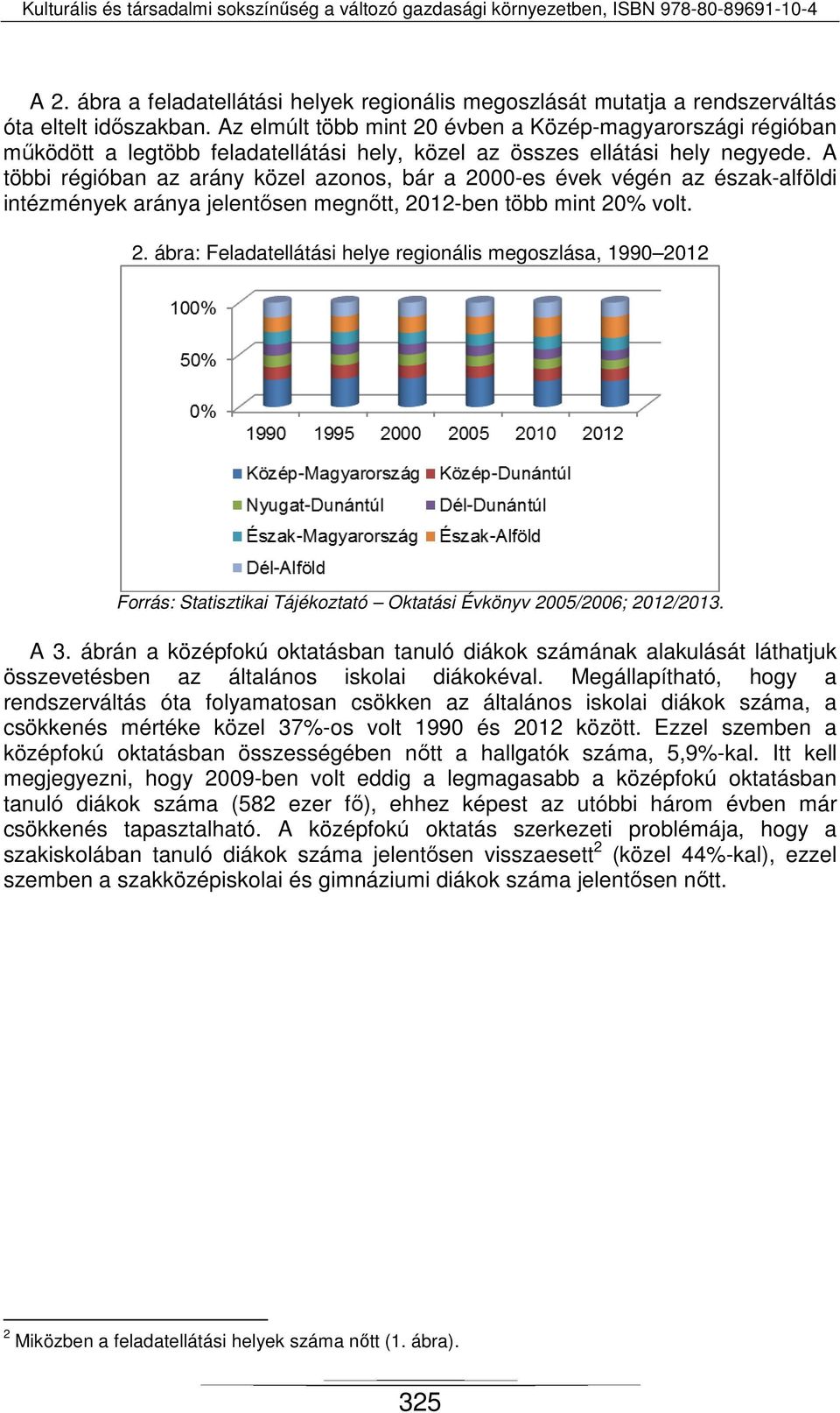 A többi régióban az arány közel azonos, bár a 2000-es évek végén az észak-alföldi intézmények aránya jelentősen megnőtt, 2012-ben több mint 20% volt. 2. ábra: Feladatellátási helye regionális megoszlása, 1990 2012 Forrás: Statisztikai Tájékoztató Oktatási Évkönyv 2005/2006; 2012/2013.