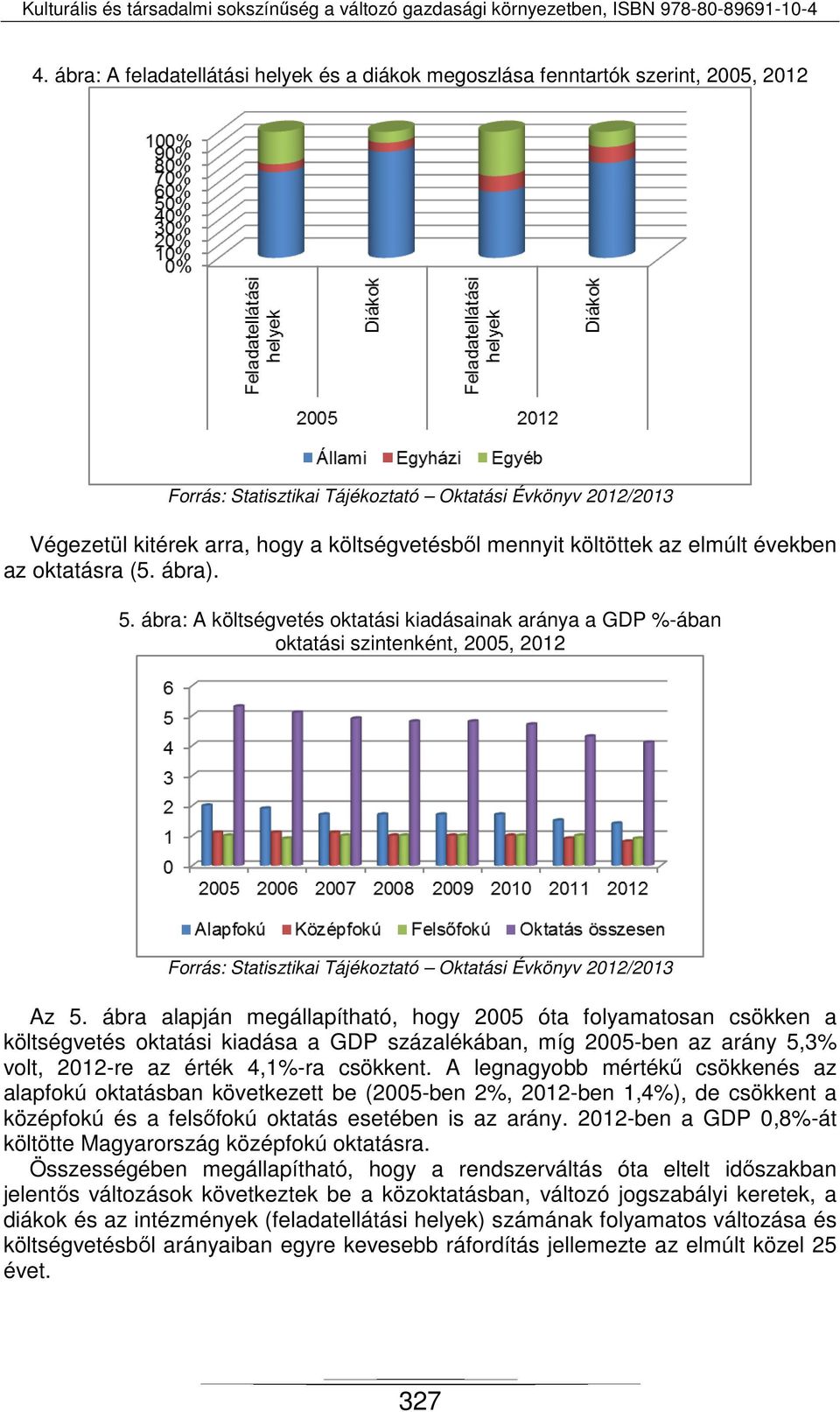 ábra: A költségvetés oktatási kiadásainak aránya a GDP %-ában oktatási szintenként, 2005, 2012 Forrás: Statisztikai Tájékoztató Oktatási Évkönyv 2012/2013 Az 5.