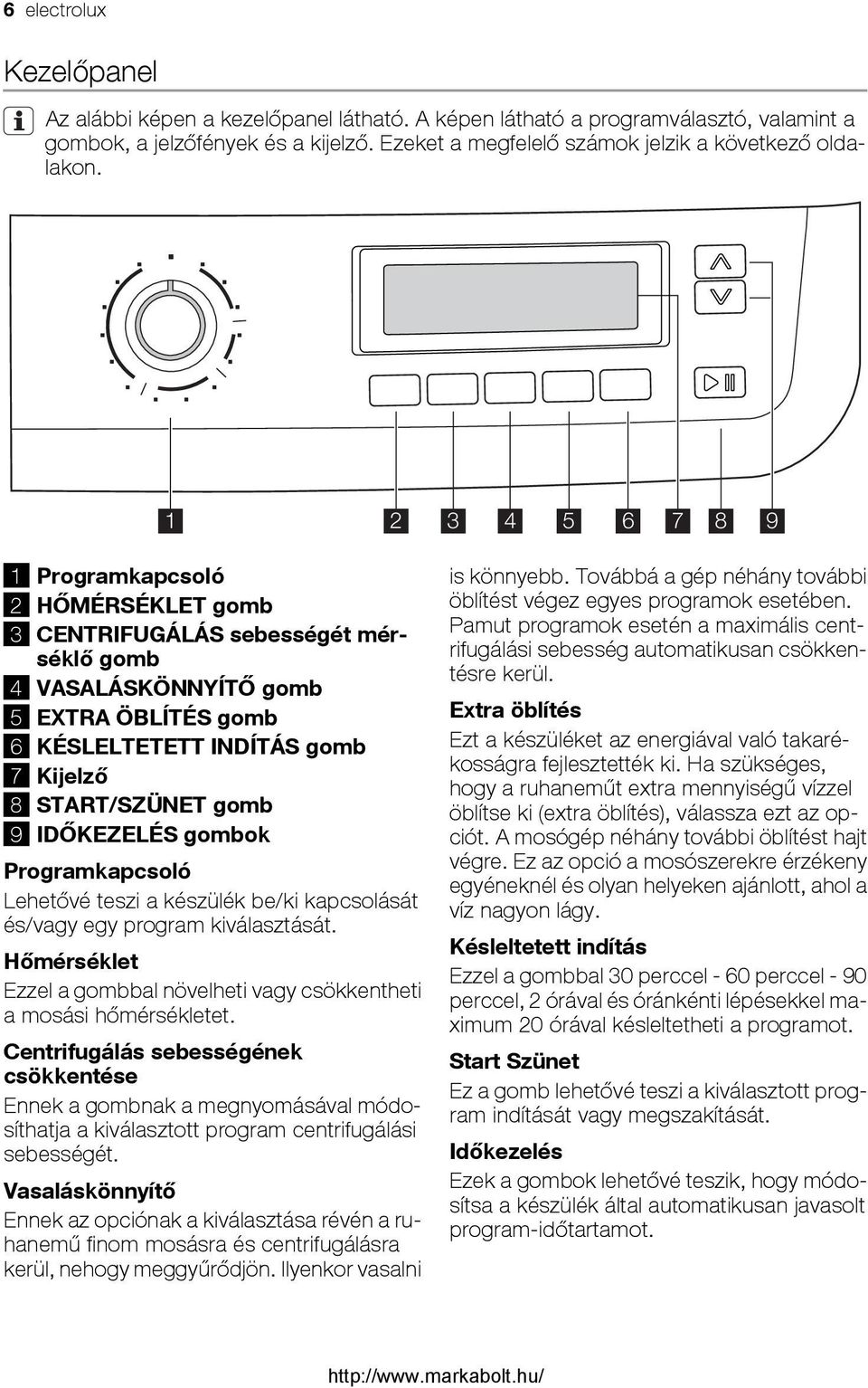 1 2 3 4 5 6 7 8 9 1 Programkapcsoló 2 HŐMÉRSÉKLET gomb 3 CENTRIFUGÁLÁS sebességét mérséklő gomb 4 VASALÁSKÖNNYÍTŐ gomb 5 EXTRA ÖBLÍTÉS gomb 6 KÉSLELTETETT INDÍTÁS gomb 7 Kijelző 8 START/SZÜNET gomb 9