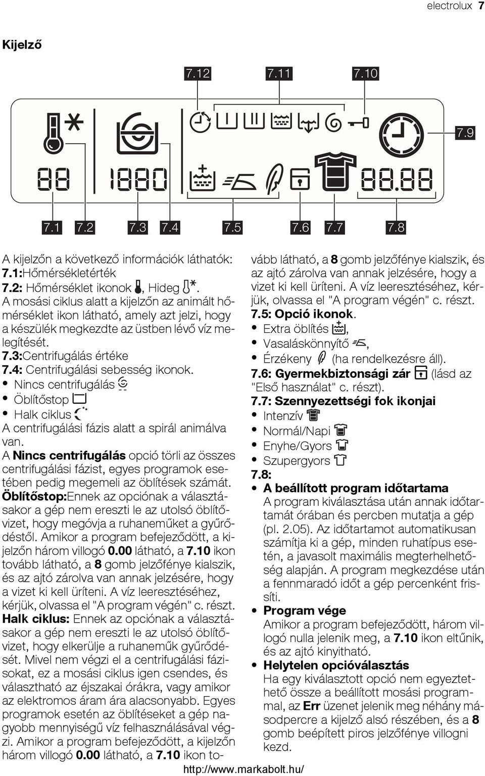 4: Centrifugálási sebesség ikonok. Nincs centrifugálás Öblítőstop Halk ciklus A centrifugálási fázis alatt a spirál animálva van.