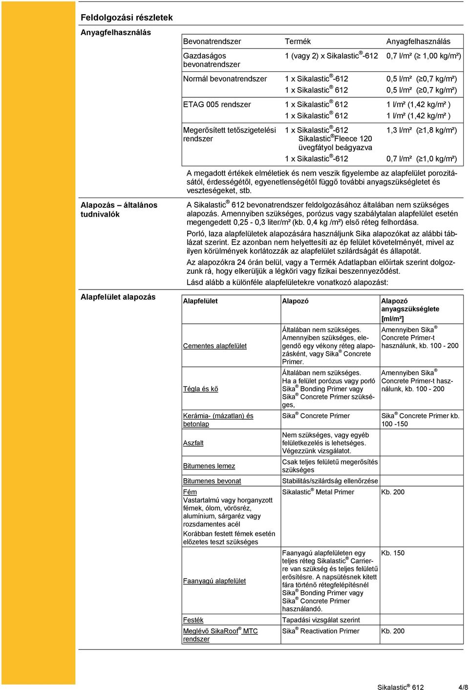 Sikalastic Fleece 120 üvegfátyol beágyazva 1 x Sikalastic -612 0,5 l/m² ( 0,7 kg/m²) 0,5 l/m² ( 0,7 kg/m²) 1 l/m² (1,42 kg/m² ) 1 l/m² (1,42 kg/m² ) 1,3 l/m² ( 1,8 kg/m²) 0,7 l/m² ( 1,0 kg/m²) A