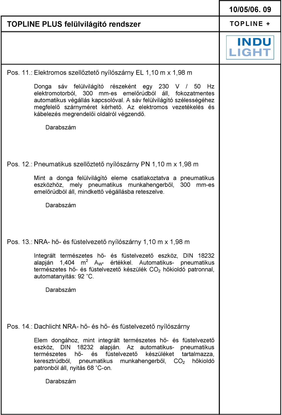 A sáv felülvilágító szélességéhez megfelelő szárnyméret kérhető. Az elektromos vezetékelés és kábelezés megrendelői oldalról végzendő. Pos. 12.