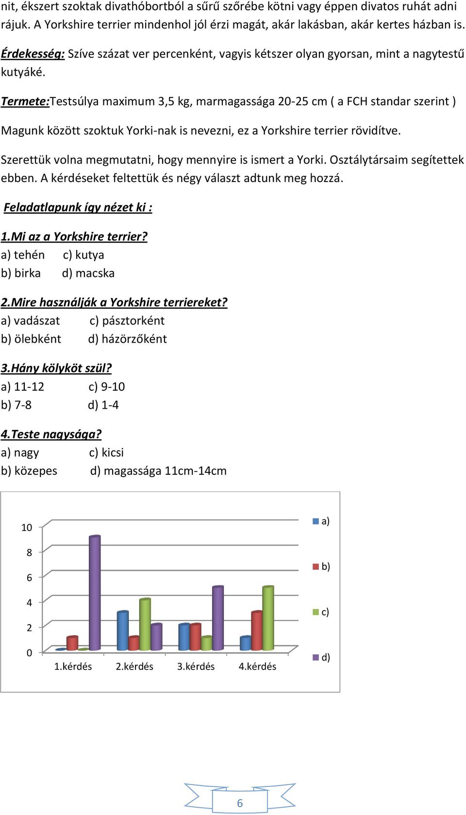 Termete:Testsúlya maximum 3,5 kg, marmagassága 20-25 cm ( a FCH standar szerint ) Magunk között szoktuk Yorki-nak is nevezni, ez a Yorkshire terrier rövidítve.