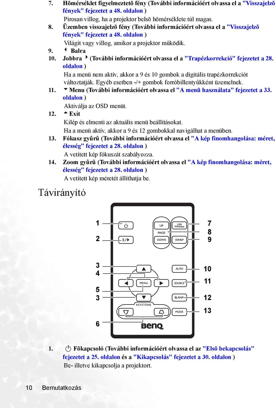 Jobbra 4(További információért olvassa el a "Trapézkorrekció" fejezetet a 28. oldalon ) Ha a menü nem aktív, akkor a 9 és 10 gombok a digitális trapézkorrekciót változtatják.