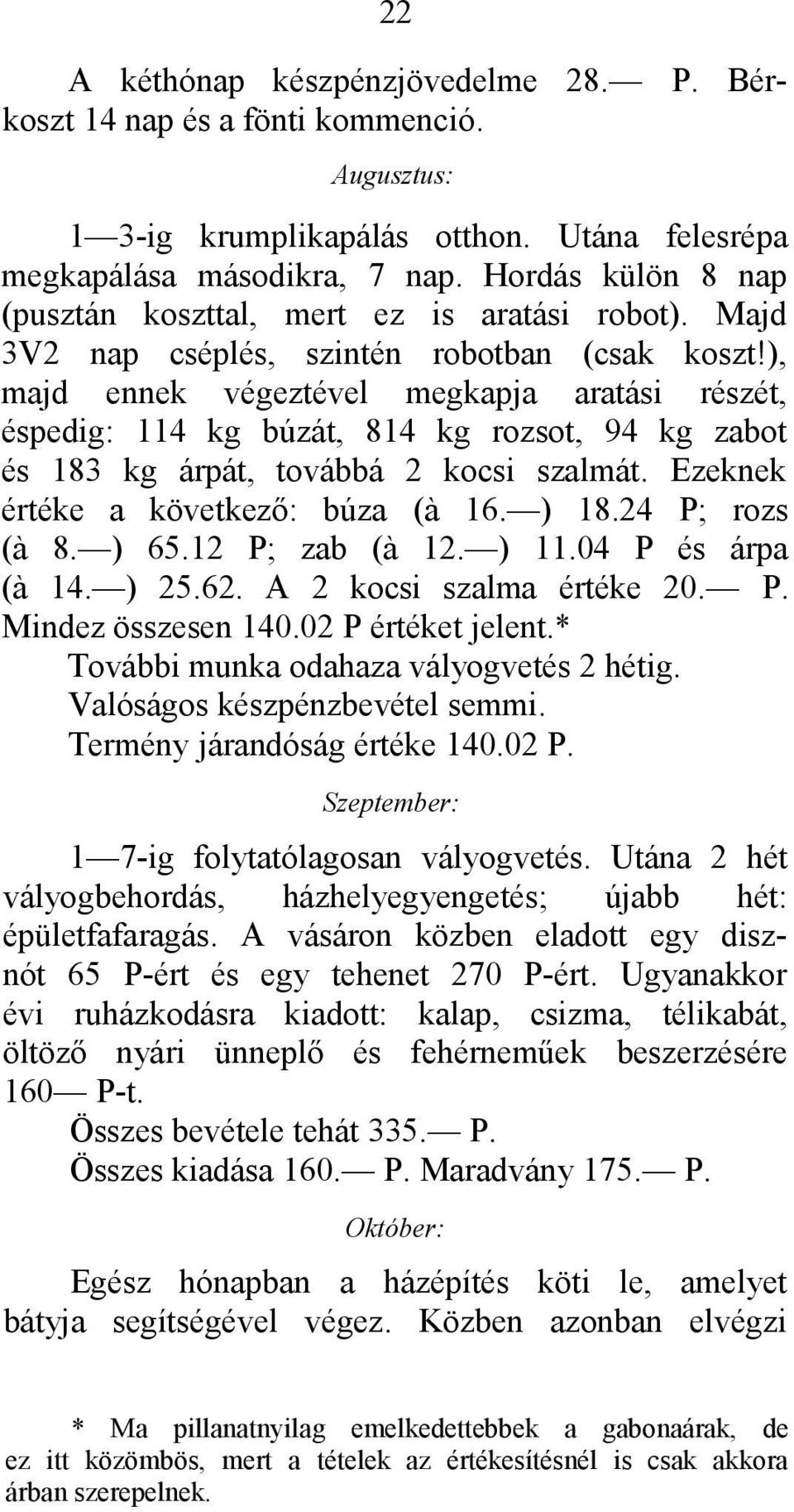 ), majd ennek végeztével megkapja aratási részét, éspedig: 114 kg búzát, 814 kg rozsot, 94 kg zabot és 183 kg árpát, továbbá 2 kocsi szalmát. Ezeknek értéke a következő: búza (à 16. ) 18.