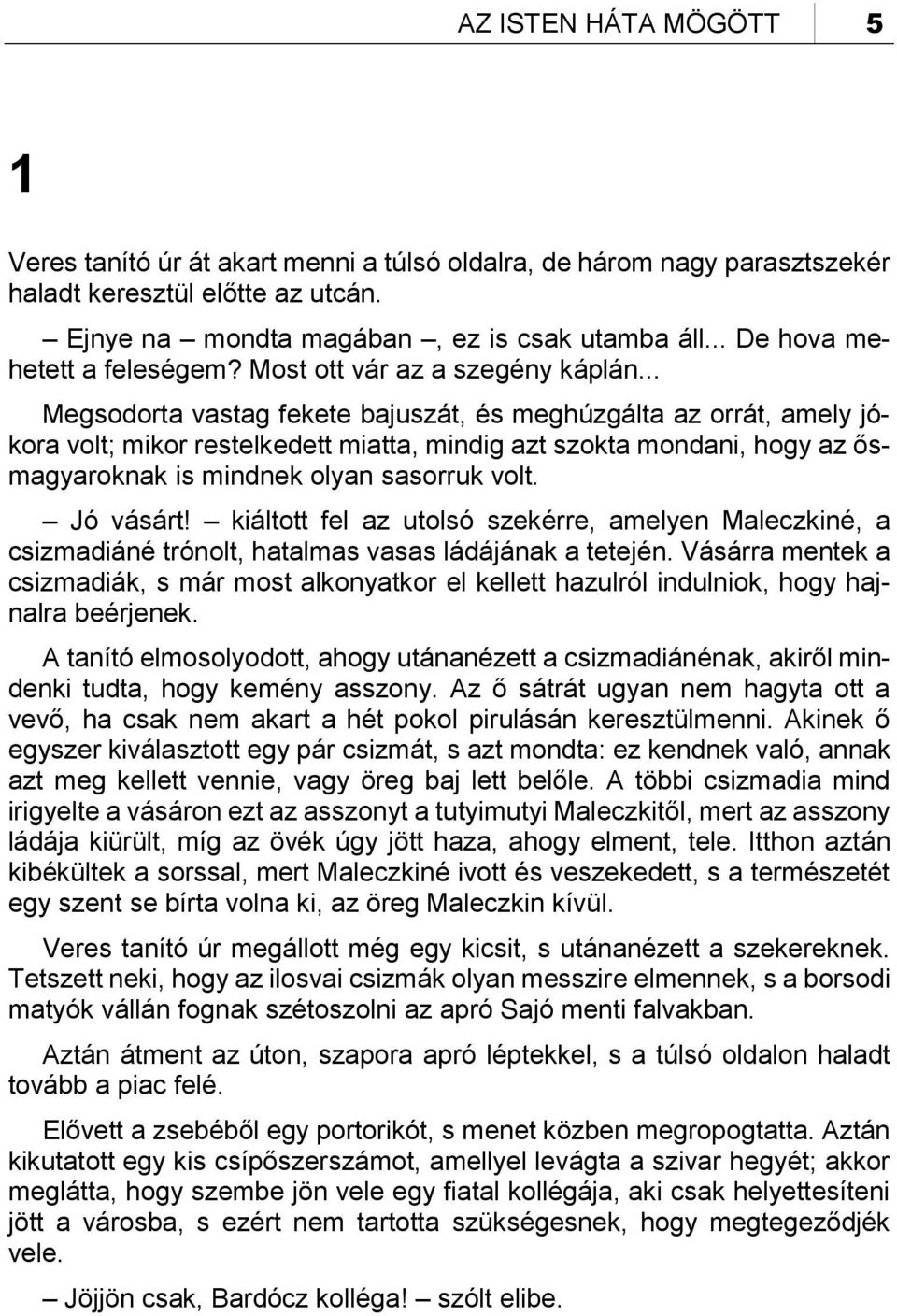 .. Megsodorta vastag fekete bajuszát, és meghúzgálta az orrát, amely jókora volt; mikor restelkedett miatta, mindig azt szokta mondani, hogy az ősmagyaroknak is mindnek olyan sasorruk volt. Jó vásárt!