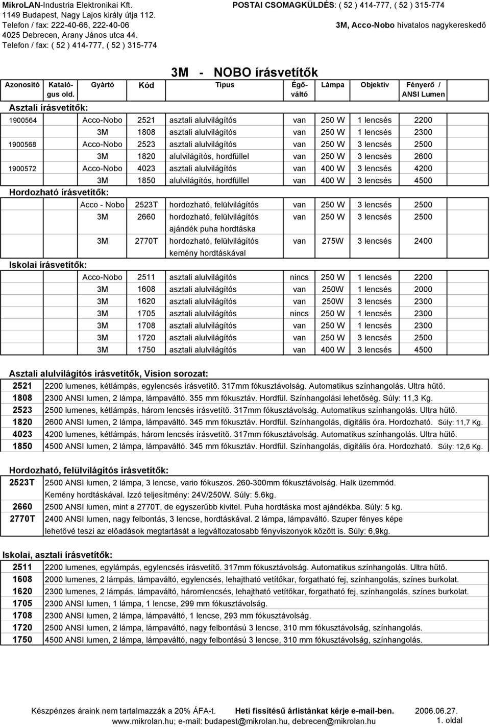 Acco-Nobo 4023 asztali alulvilágítós van 400 W 3 lencsés 4200 1850 alulvilágítós, hordfüllel van 400 W 3 lencsés 4500 Hordozható írásvetítők: Acco - Nobo 2523T hordozható, felülvilágítós van 250 W 3