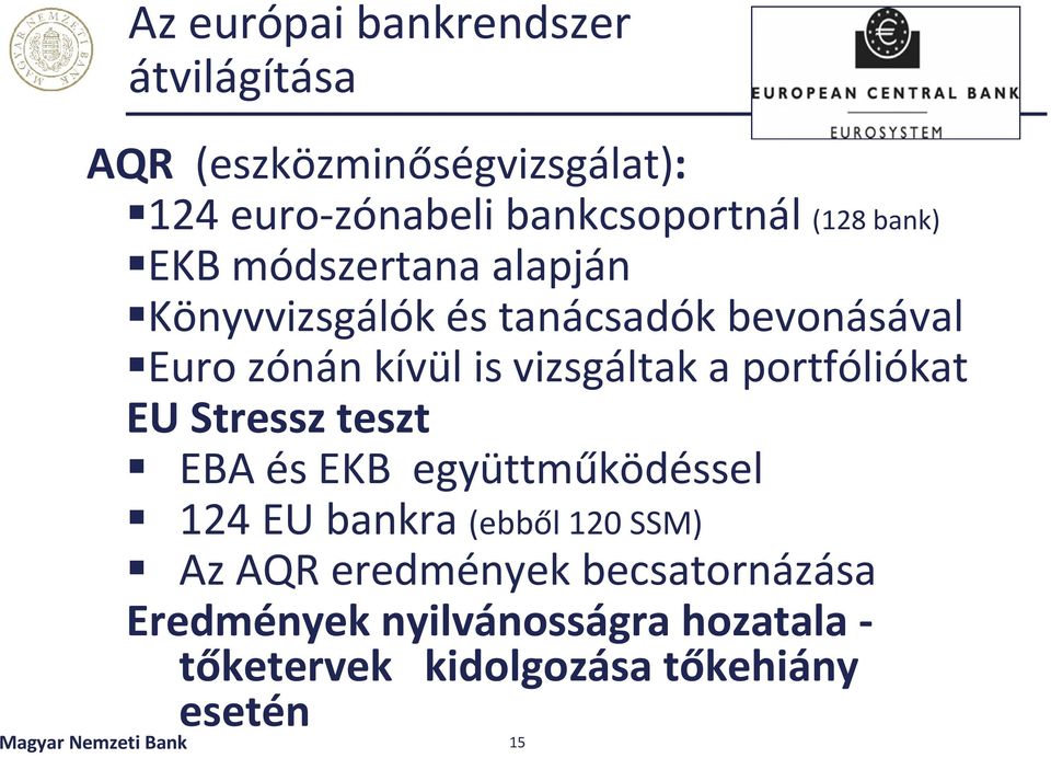 portfóliókat EU Stressz teszt EBA és EKB együttműködéssel 124 EU bankra (ebből 120 SSM) Az AQR eredmények