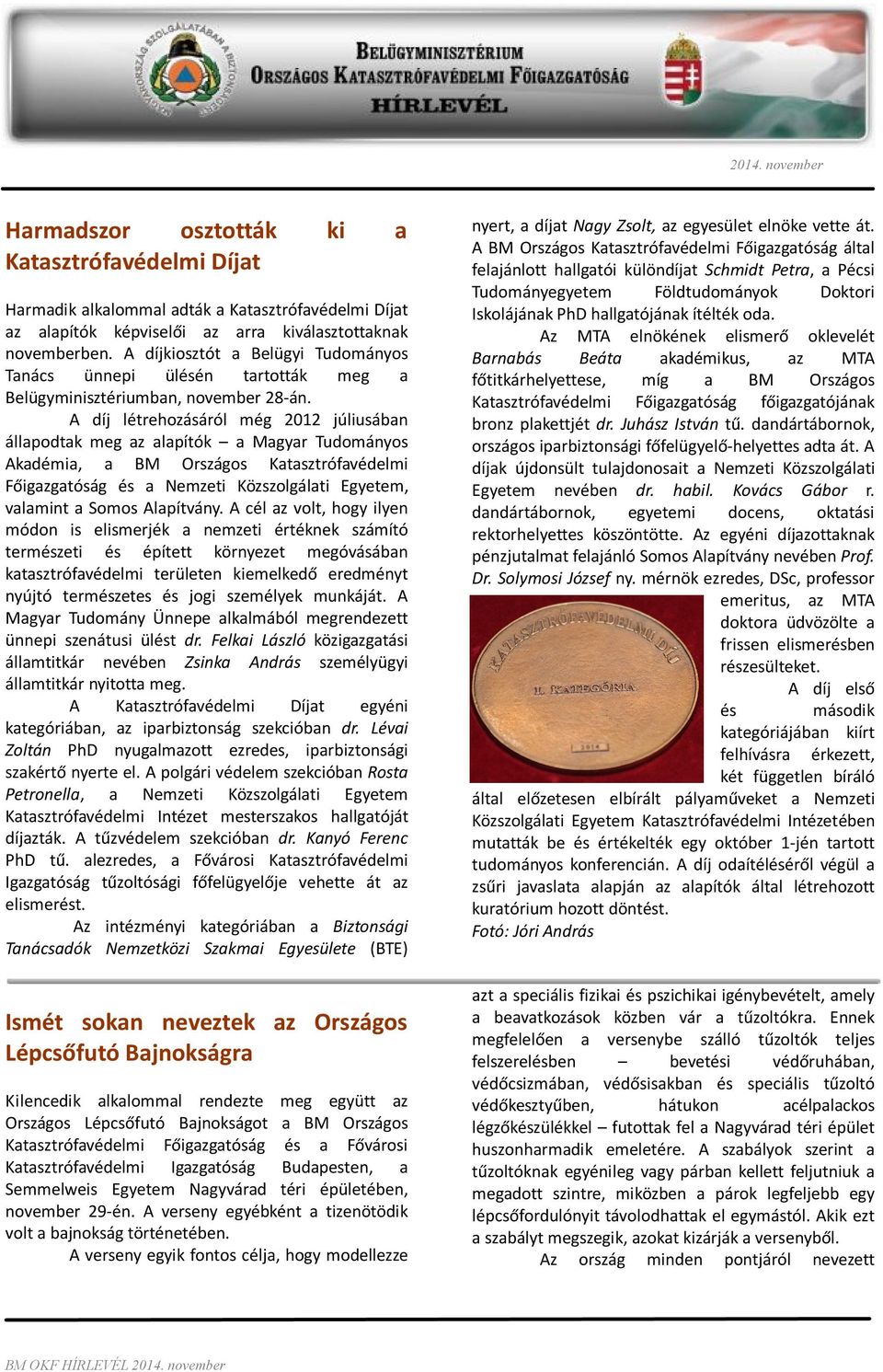 A díj létrehozásáról még 2012 júliusában állapodtak meg az alapítók a Magyar Tudományos Akadémia, a BM Országos Katasztrófavédelmi Főigazgatóság és a Nemzeti Közszolgálati Egyetem, valamint a Somos