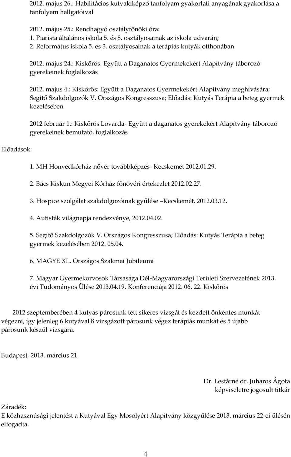 : Kiskőrös: Együtt a Daganatos Gyermekekért Alapítvány táborozó gyerekeinek foglalkozás 2012. május 4.: Kiskőrös: Együtt a Daganatos Gyermekekért Alapítvány meghívására; Segítő Szakdolgozók V.