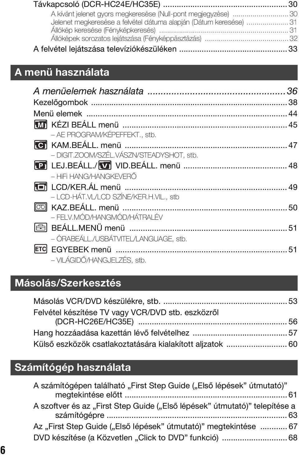 ..36 Kezelőgombok... 38 Menü elemek... 44 KÉZI BEÁLL menü... 45 AE PROGRAM/KÉPEFFEKT., stb. KAM.BEÁLL. menü... 47 DIGIT.ZOOM/SZÉL.VÁSZN/STEADYSHOT, stb. LEJ.BEÁLL./ VID.BEÁLL. menü... 48 HiFi HANG/HANGKEVERŐ LCD/KER.