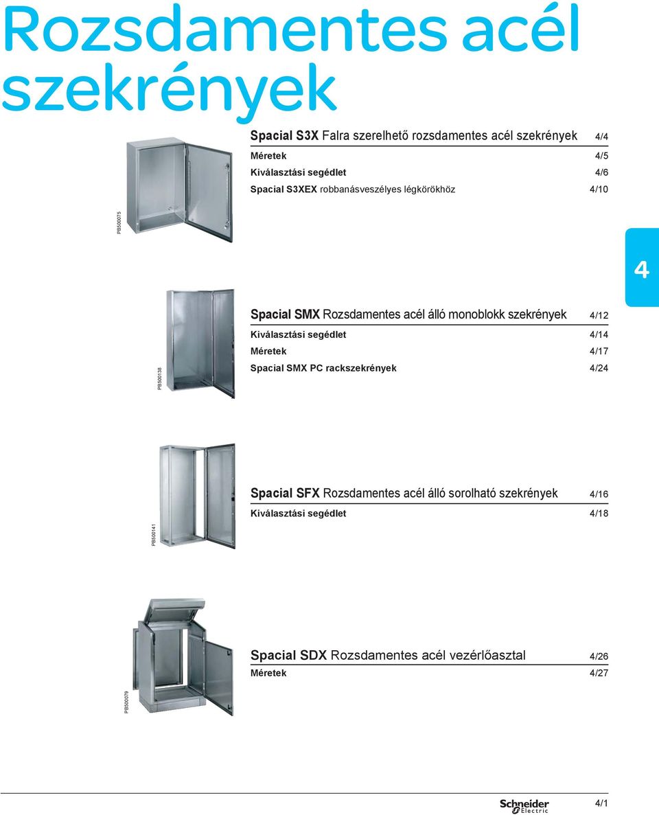 PB500138 Kiválasztási segédlet /1 Méretek /17 Spacial SMX PC rackszekrények /2 Spacial SFX Rozsdamentes acél álló