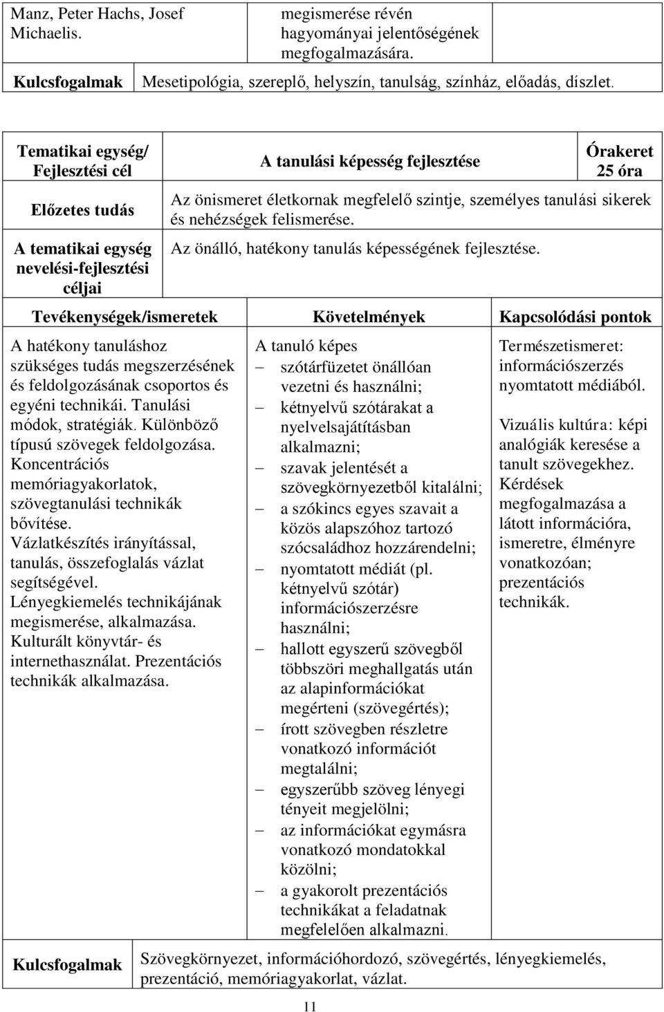 A hatékony tanuláshoz szükséges tudás megszerzésének és feldolgozásának csoportos és egyéni technikái. Tanulási módok, stratégiák. Különböző típusú szövegek feldolgozása.