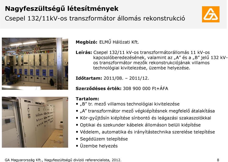 üzembe helyezése. Időtartam: 2011/08. 2011/12. Szerződéses érték: 308 900 000 Ft+ÁFA Tartalom: B tr.