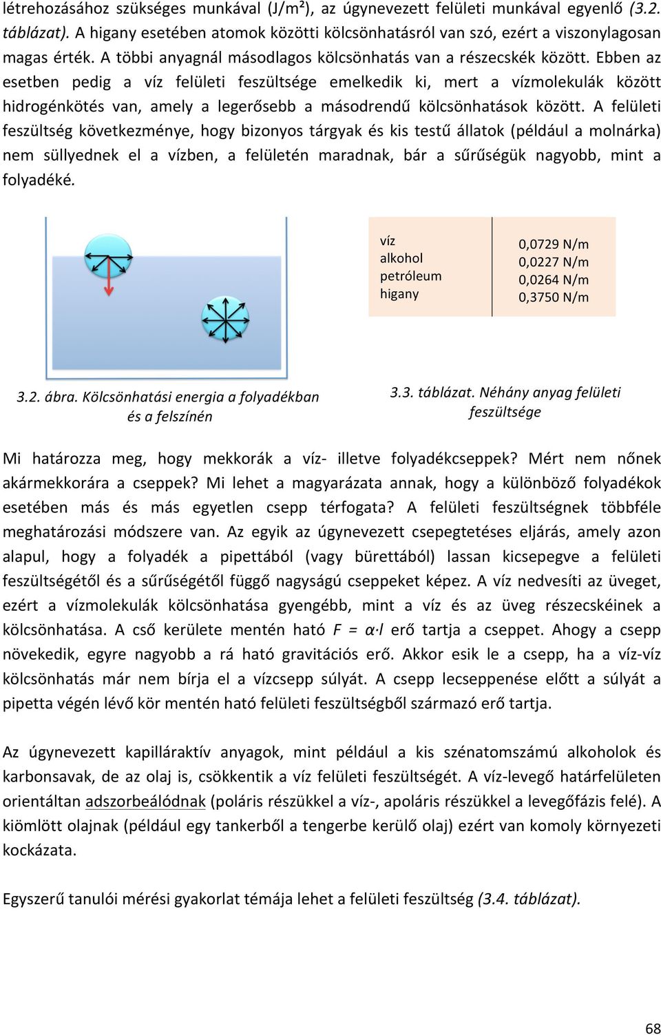 Ebben az esetben pedig a víz felületi feszültsége emelkedik ki, mert a vízmolekulák között hidrogénkötés van, amely a legerősebb a másodrendű kölcsönhatások között.