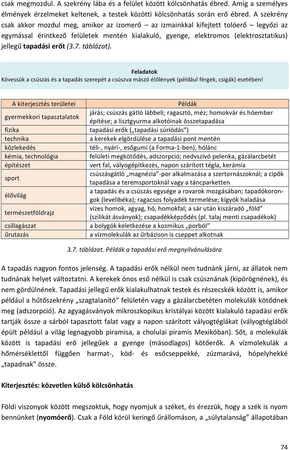 erőt (3.7. táblázat). Feladatok Kövessük a csúszás és a tapadás szerepét a csúszva mászó élőlények (például férgek, csigák) esetében!