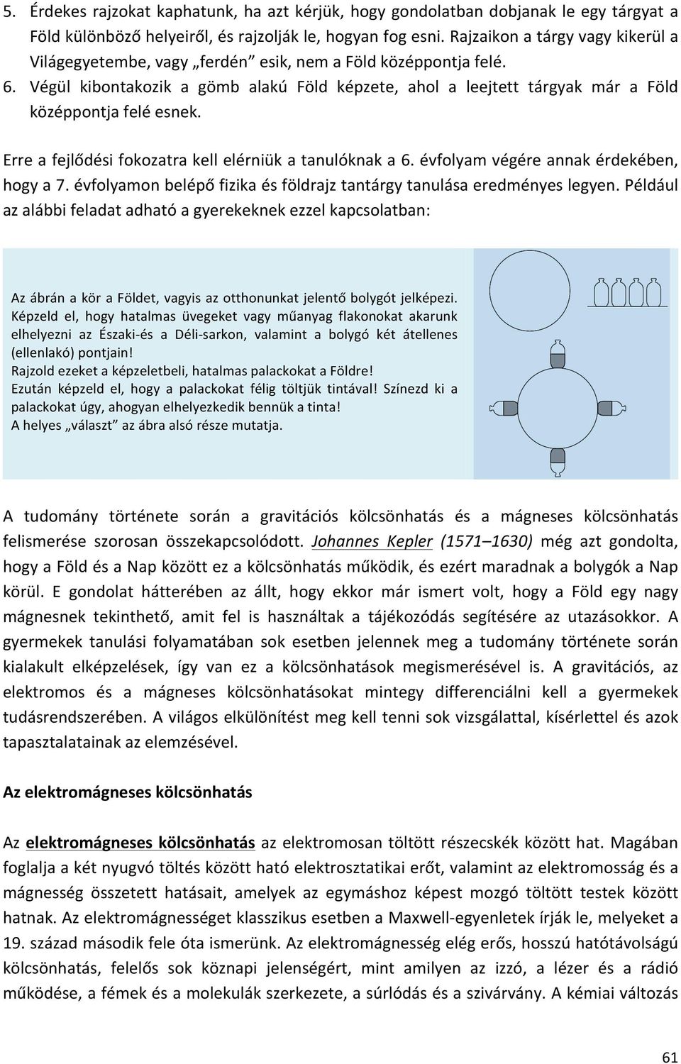 Végül kibontakozik a gömb alakú Föld képzete, ahol a leejtett tárgyak már a Föld középpontja felé esnek. Erre a fejlődési fokozatra kell elérniük a tanulóknak a 6.