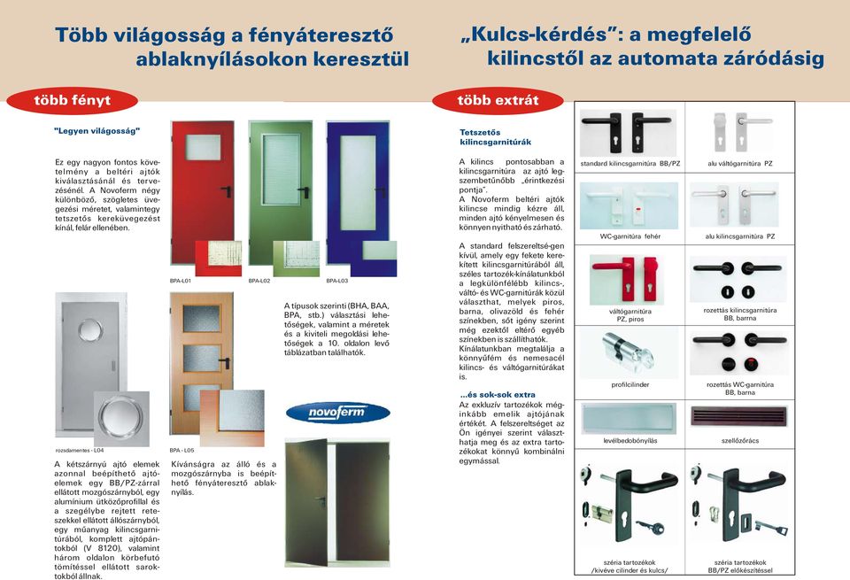 rozsdamentes - L04 BPA-L01 BPA-L0 BPA-L03 BPA - L05 A kétszárnyú ajtó elemek Kívánságra az álló és a azonnal beépíthetõ ajtó- mozgószárnyba is beépítelemek egy BB/PZ-zárral hetõ fényáteresztõ