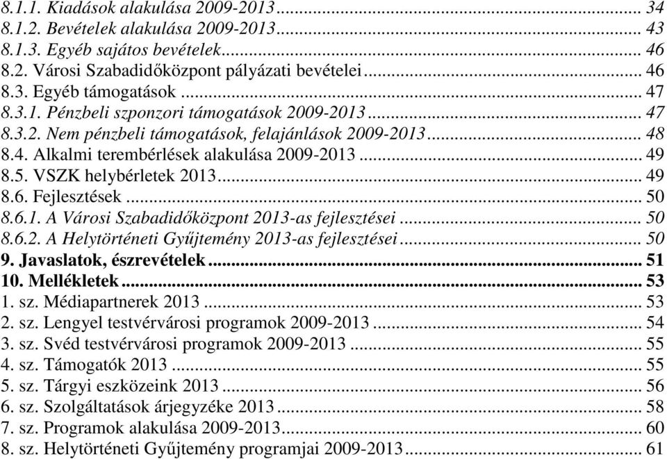 VSZK helybérletek 2013... 49 8.6. Fejlesztések... 50 8.6.1. A Városi Szabadidőközpont 2013-as fejlesztései... 50 8.6.2. A Helytörténeti Gyűjtemény 2013-as fejlesztései... 50 9.