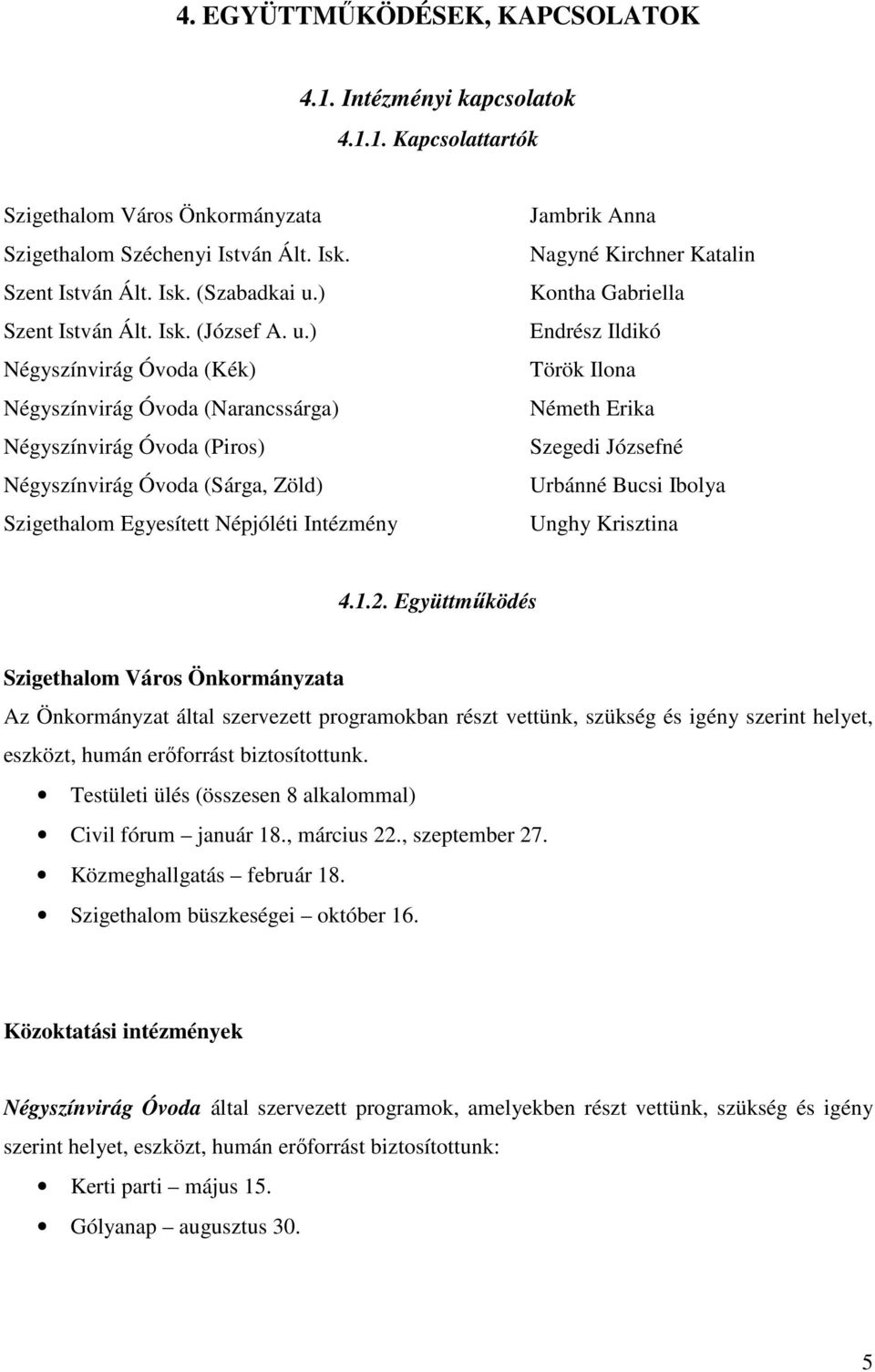 ) Négyszínvirág Óvoda (Kék) Négyszínvirág Óvoda (Narancssárga) Négyszínvirág Óvoda (Piros) Négyszínvirág Óvoda (Sárga, Zöld) Szigethalom Egyesített Népjóléti Intézmény Jambrik Anna Nagyné Kirchner