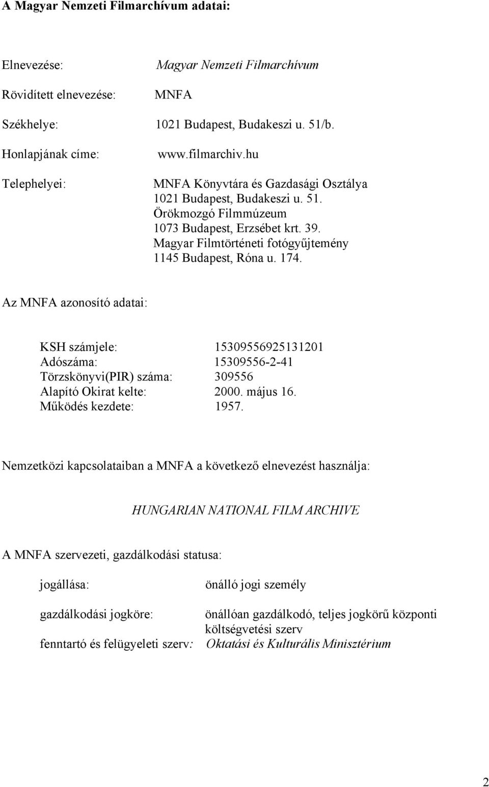 Az MNFA azonosító adatai: KSH számjele: 15309556925131201 Adószáma: 15309556-2-41 Törzskönyvi(PIR) száma: 309556 Alapító Okirat kelte: 2000. május 16. Működés kezdete: 1957.