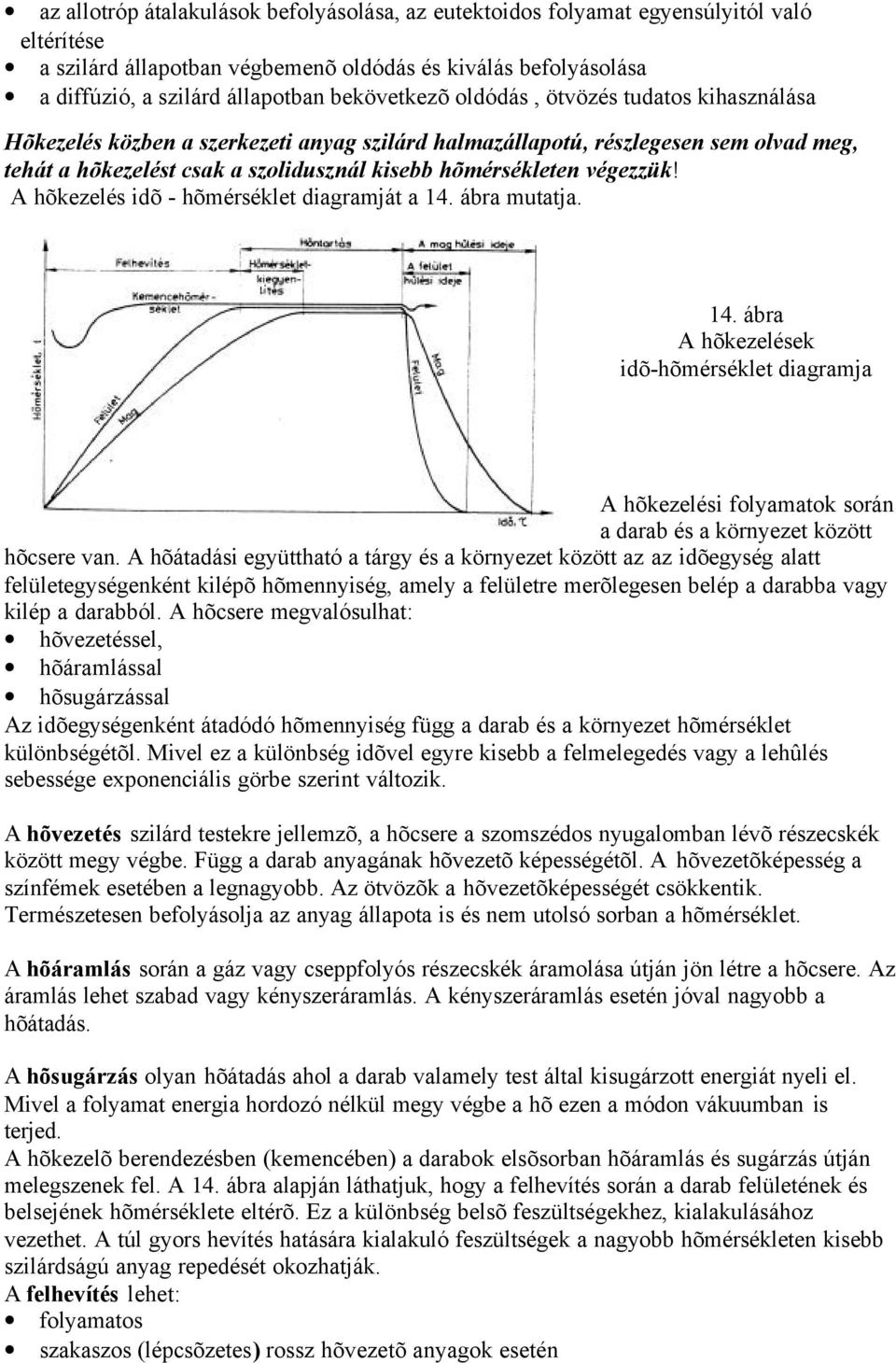 végezzük! A hõkezelés idõ - hõmérséklet diagramját a 14. ábra mutatja. 14. ábra A hõkezelések idõ-hõmérséklet diagramja A hõkezelési folyamatok során a darab és a környezet között hõcsere van.