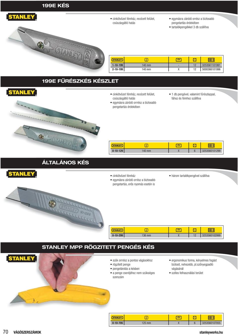 fűrészlappal, fához és fémhez szállítva 0-10-129 140 mm X 6 3253560101299 ÁLTALÁNOS KÉS cinkötvözet fémház egymásra záródó orrész a biztosabb pengetartás, erős nyomás esetén is három tartalékpengével