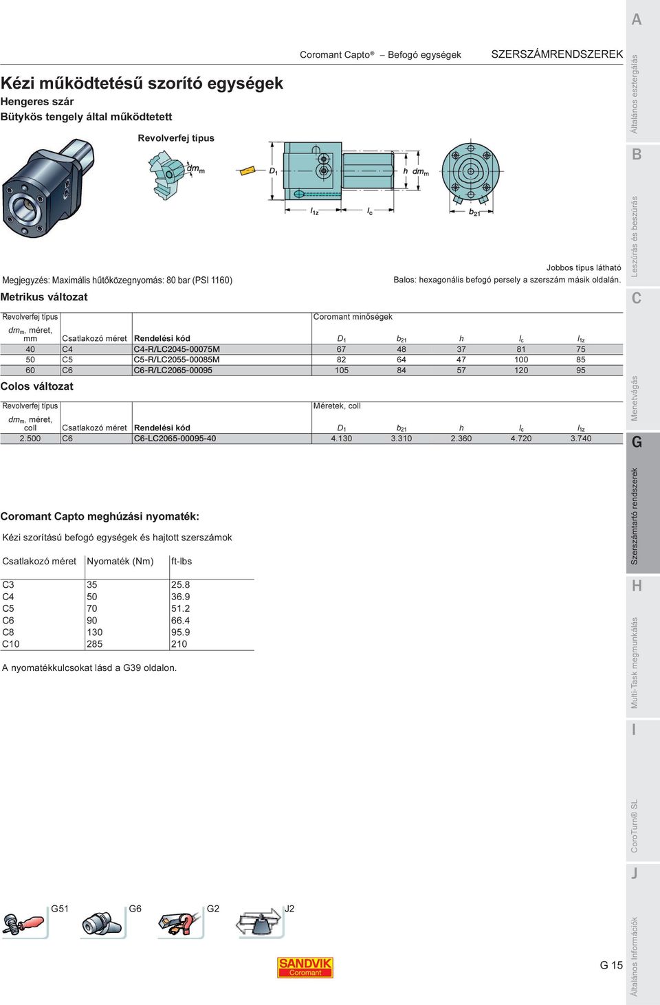 Revolverfej típus Colos változat Coromant minőségek dmm, méret, mm Csatlakozó méret Rendelési kód D1 b21 h lc l1z 40 C4 C4-R/LC2045-00075M 67 48 37 81 75 50 C5 C5-R/LC2055-00085M 82 64 47 100 85 60