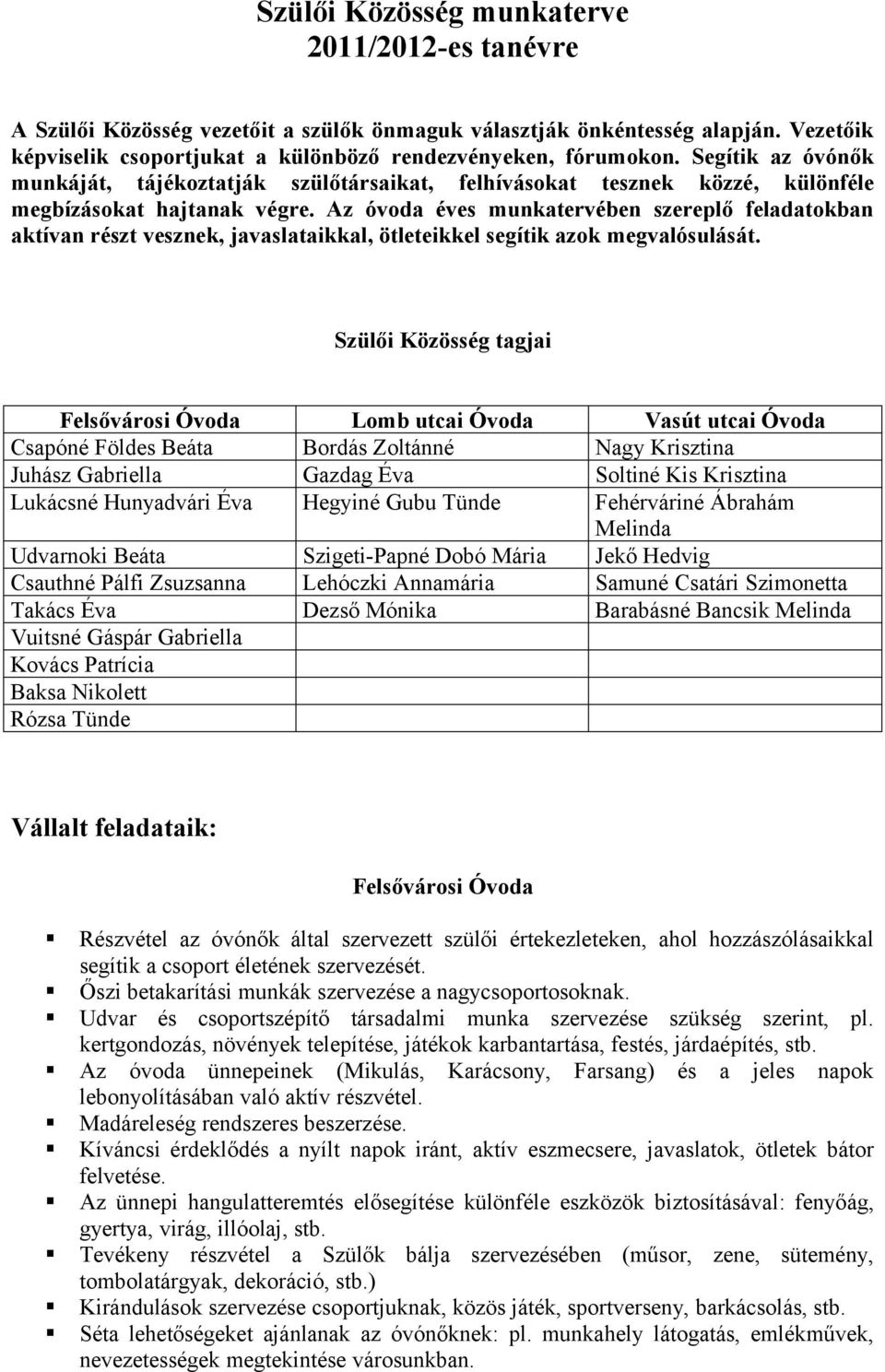 Az óvoda éves munkatervében szereplő feladatokban aktívan részt vesznek, javaslataikkal, ötleteikkel segítik azok megvalósulását.