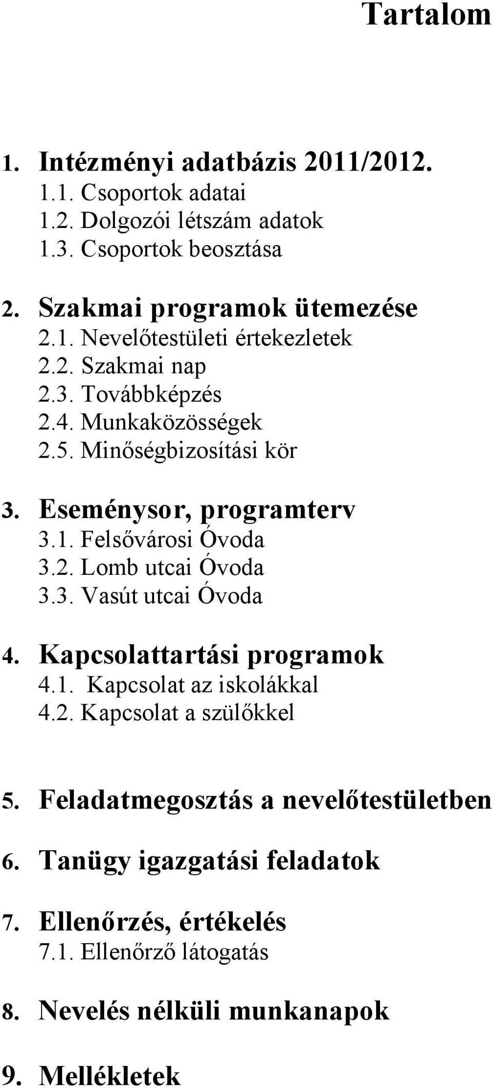 2. Lomb utcai Óvoda 3.3. Vasút utcai Óvoda 4. Kapcsolattartási programok 4.1. Kapcsolat az iskolákkal 4.2. Kapcsolat a szülőkkel 5.