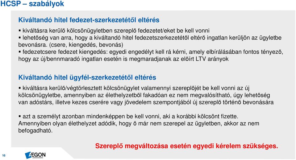 (csere, kiengedés, bevonás) fedezetcsere fedezet kiengedés: egyedi engedélyt kell rá kérni, amely elbírálásában fontos tényező, hogy az új/bennmaradó ingatlan esetén is megmaradjanak az előírt LTV